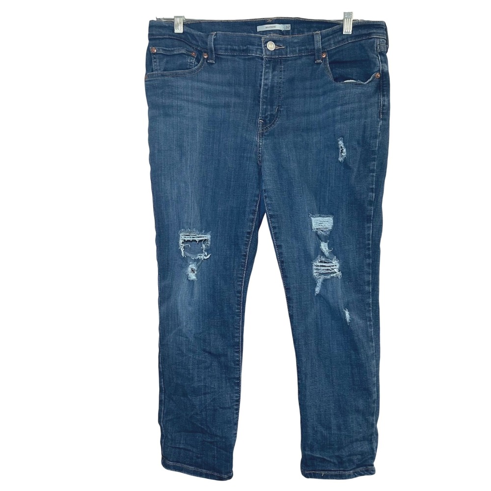 Levis Boyfriend Jeans Womens 32 Medium Wash Distressed Ripped Denim Mid Rise